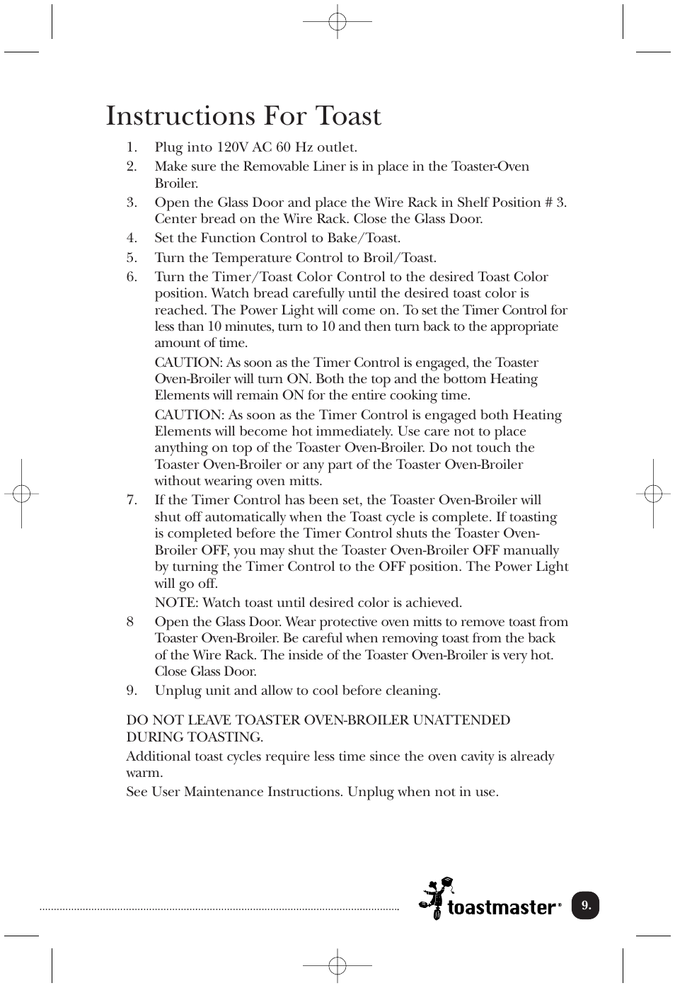 Instructions for toast | Toastmaster TOV435RLW User Manual | Page 10 / 24