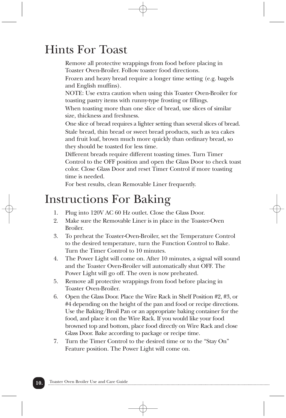 Hints for toast, Instructions for baking | Toastmaster TOV435RLW User Manual | Page 11 / 24