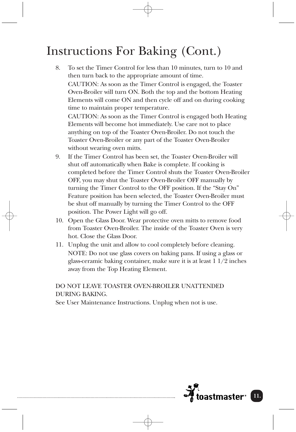 Instructions for baking (cont.) | Toastmaster TOV435RLW User Manual | Page 12 / 24