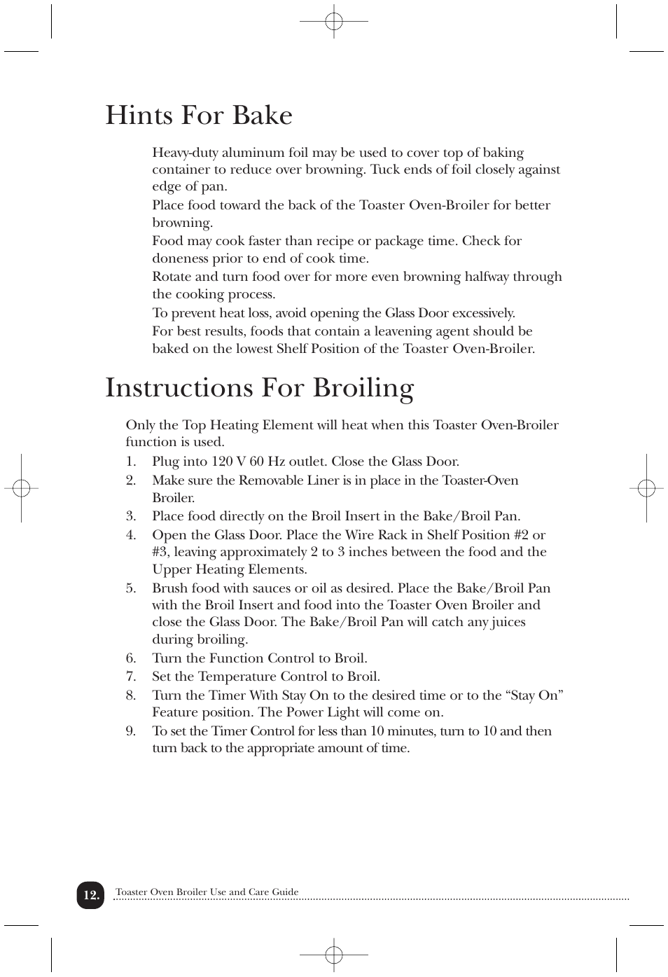 Hints for bake, Instructions for broiling | Toastmaster TOV435RLW User Manual | Page 13 / 24