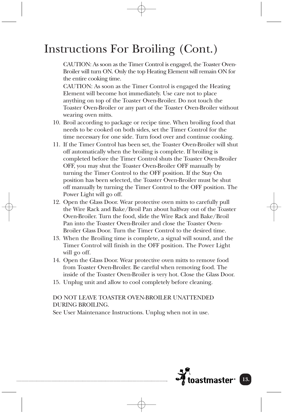 Instructions for broiling (cont.) | Toastmaster TOV435RLW User Manual | Page 14 / 24