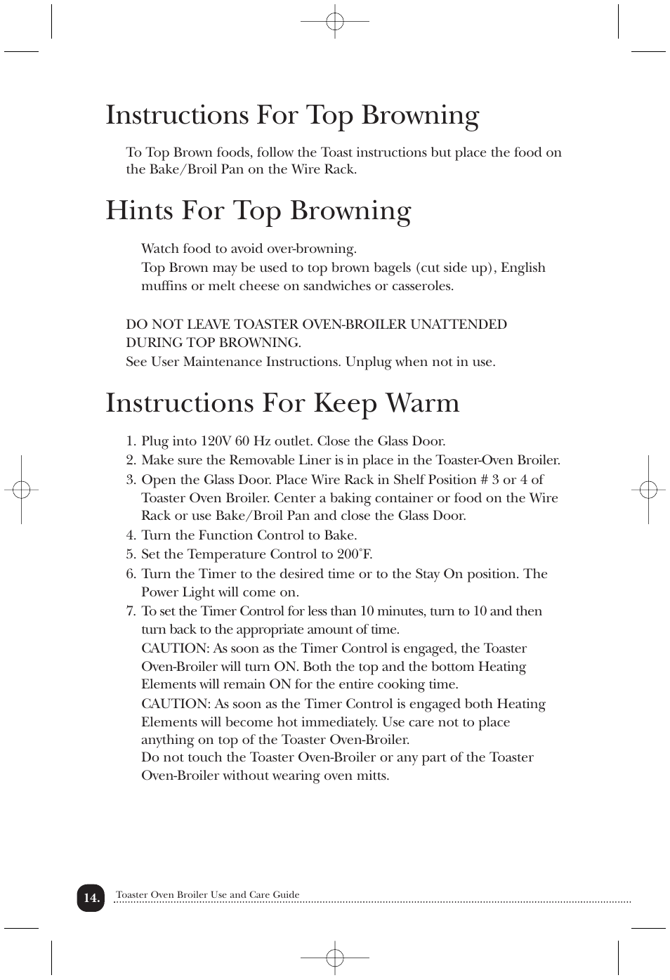 Instructions for top browning, Hints for top browning, Instructions for keep warm | Toastmaster TOV435RLW User Manual | Page 15 / 24