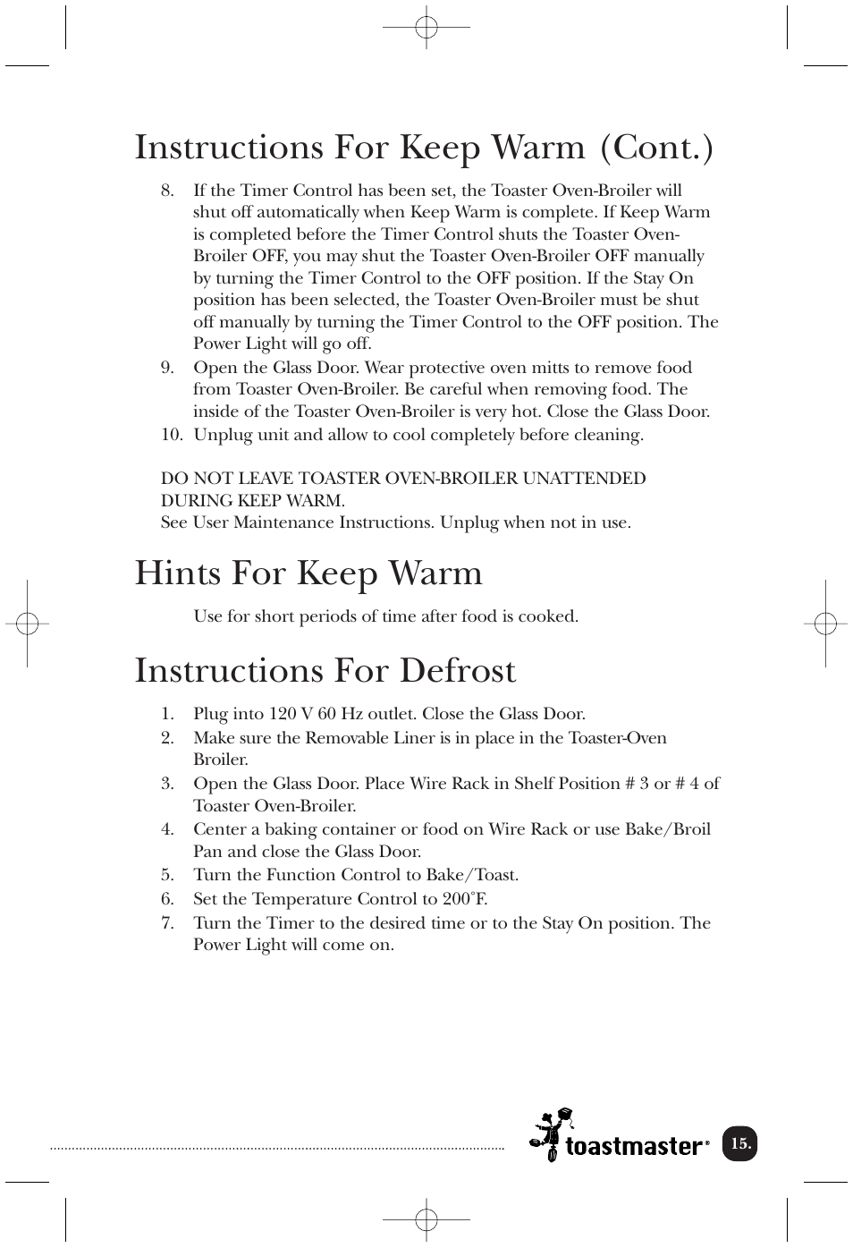 Instructions for keep warm (cont.), Hints for keep warm, Instructions for defrost | Toastmaster TOV435RLW User Manual | Page 16 / 24