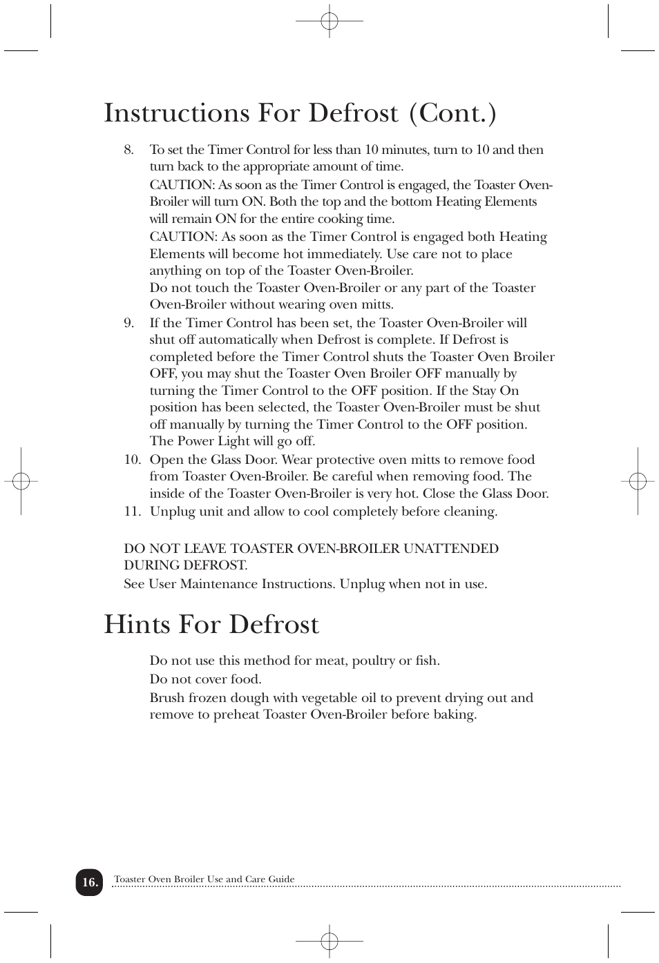 Instructions for defrost (cont.), Hints for defrost | Toastmaster TOV435RLW User Manual | Page 17 / 24