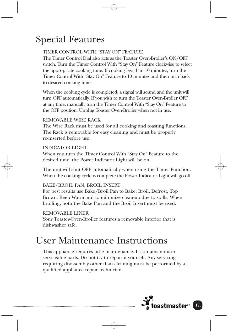 Special features, User maintenance instructions | Toastmaster TOV435RLW User Manual | Page 18 / 24