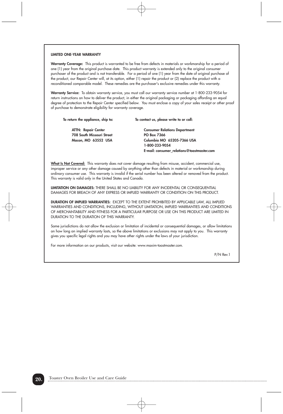 Toastmaster TOV435RLW User Manual | Page 21 / 24