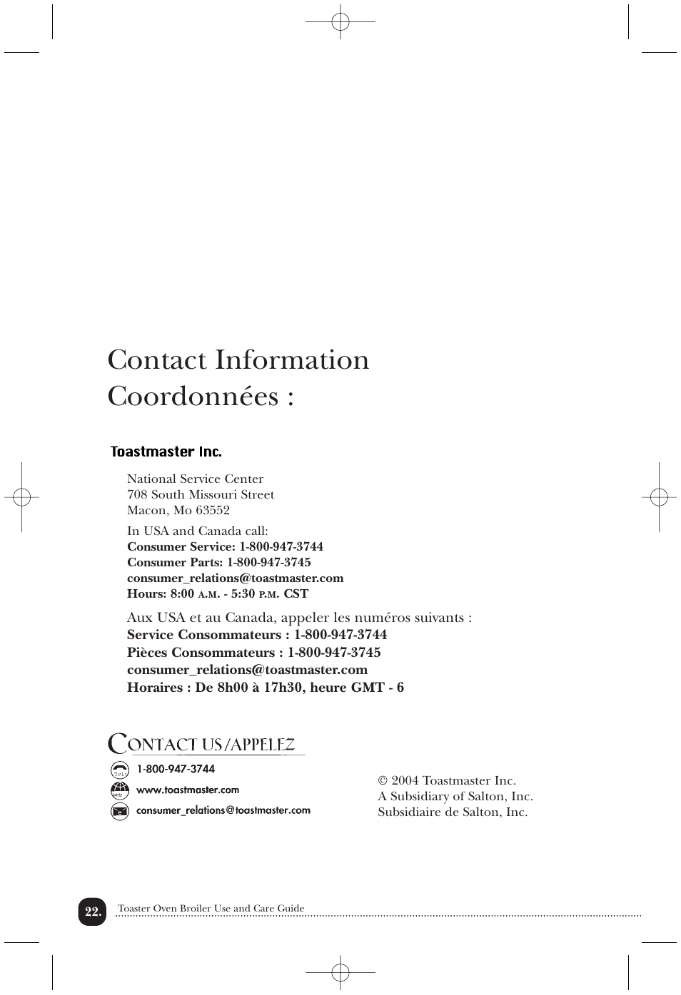 Contact information coordonnées | Toastmaster TOV435RLW User Manual | Page 23 / 24