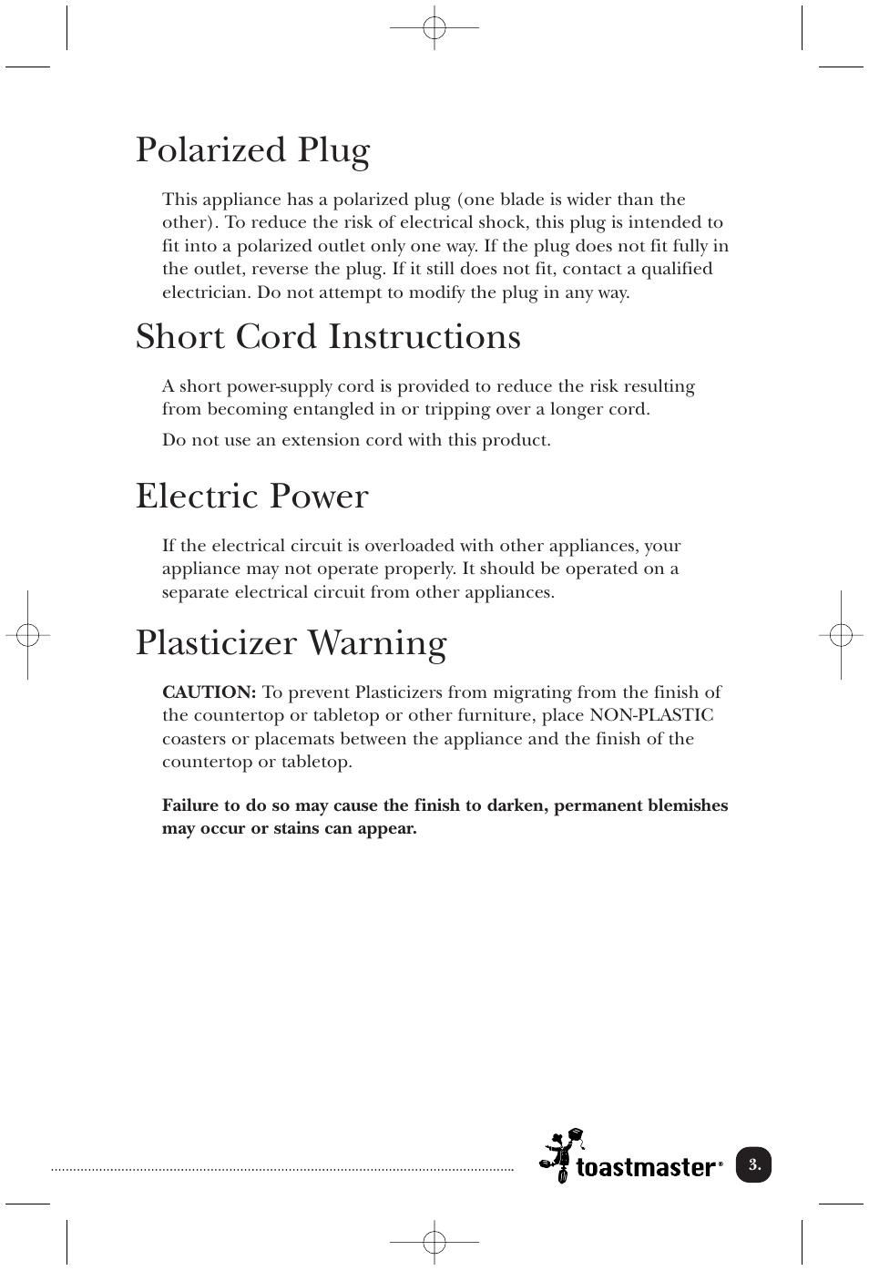 Polarized plug, Short cord instructions, Electric power | Plasticizer warning | Toastmaster TOV435RLW User Manual | Page 4 / 24