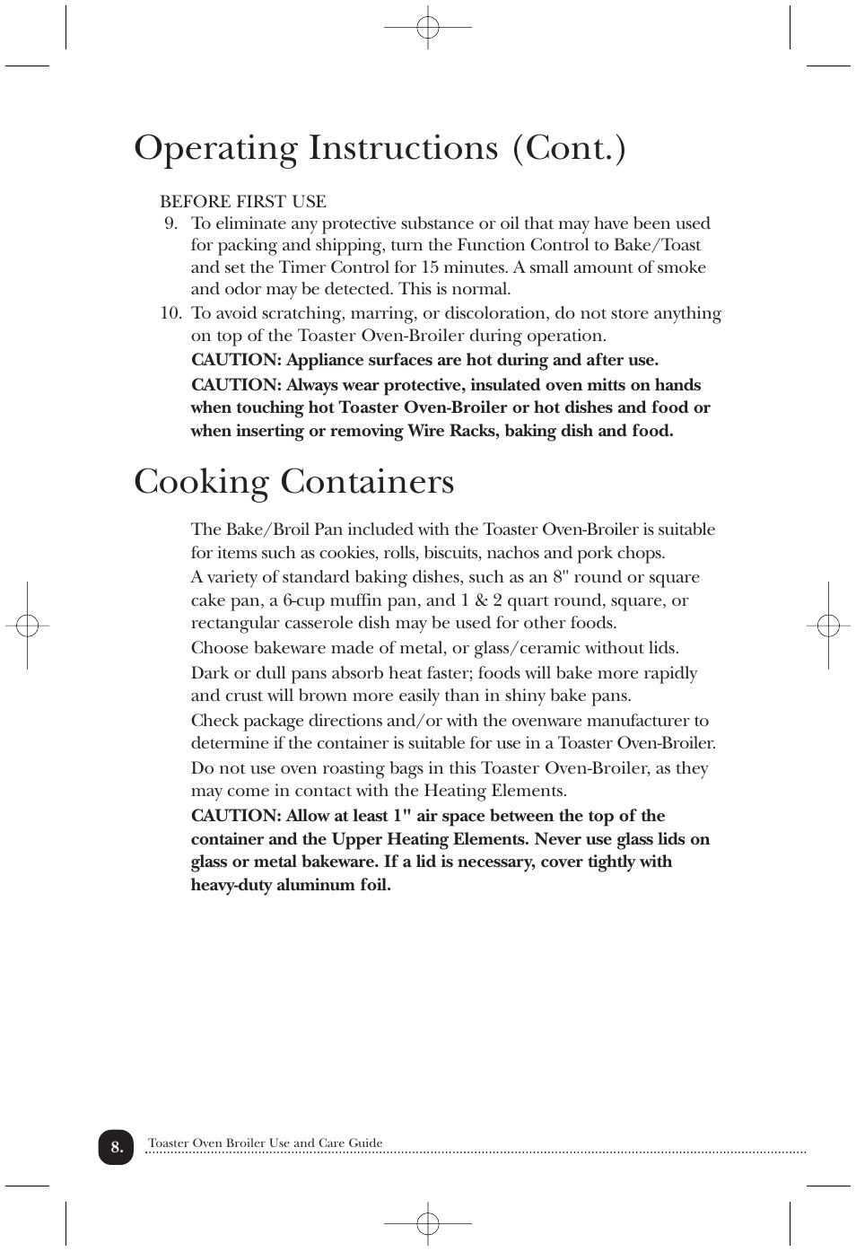 Operating instructions (cont.), Cooking containers | Toastmaster TOV435RLW User Manual | Page 9 / 24