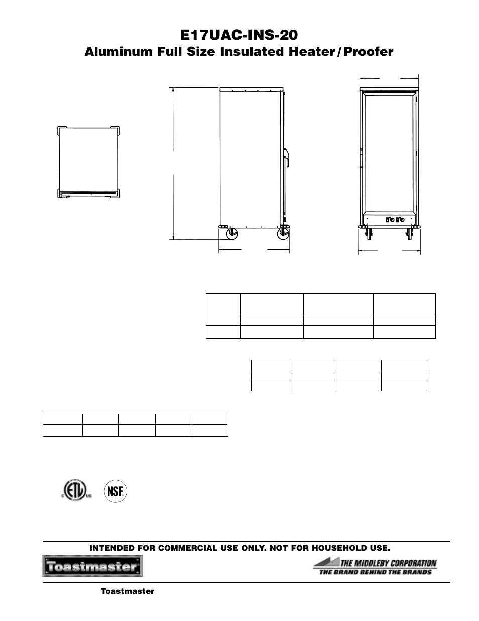 E17uac-ins-20, Aluminum full size insulated heater / proofer | Toastmaster E17UAC-INS-20 User Manual | Page 2 / 2