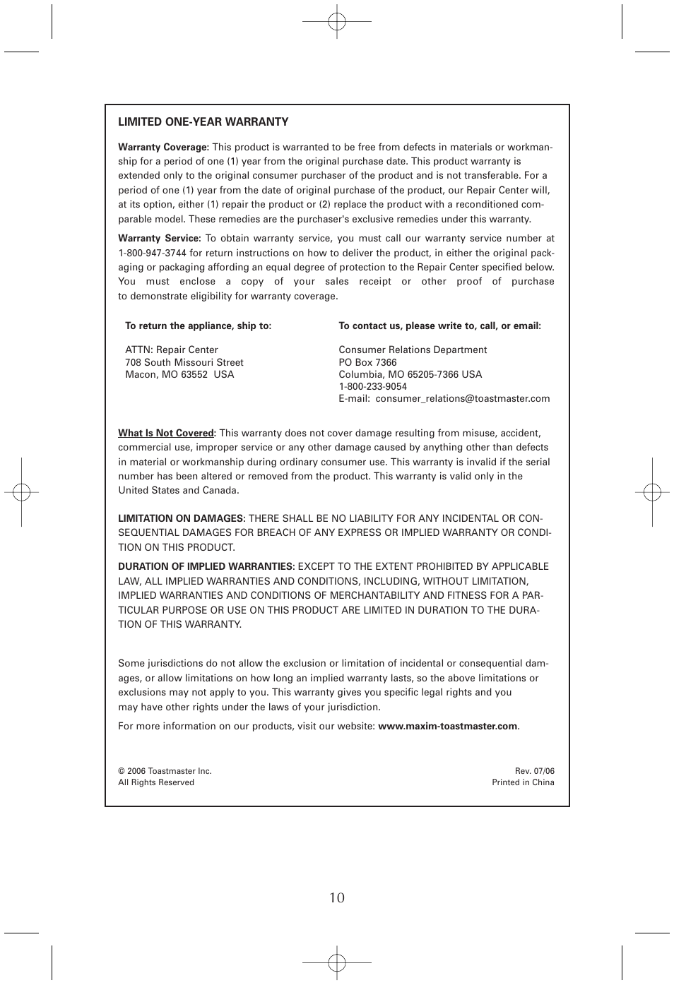 Toastmaster T210 User Manual | Page 10 / 10