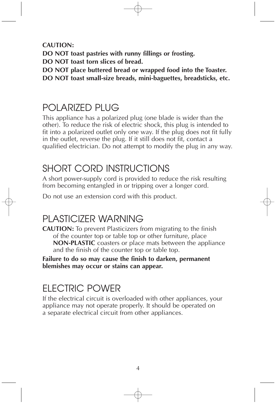 Polarized plug, Short cord instructions, Plasticizer warning | Electric power | Toastmaster T210 User Manual | Page 4 / 10