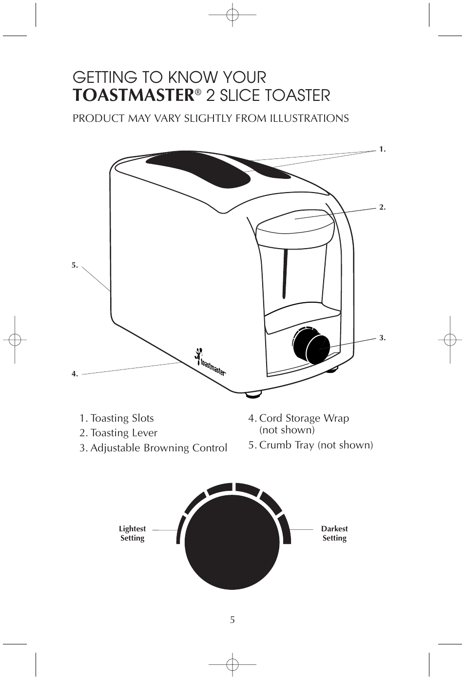 Toastmaster, Getting to know your, 2 slice toaster | Toastmaster T210 User Manual | Page 5 / 10