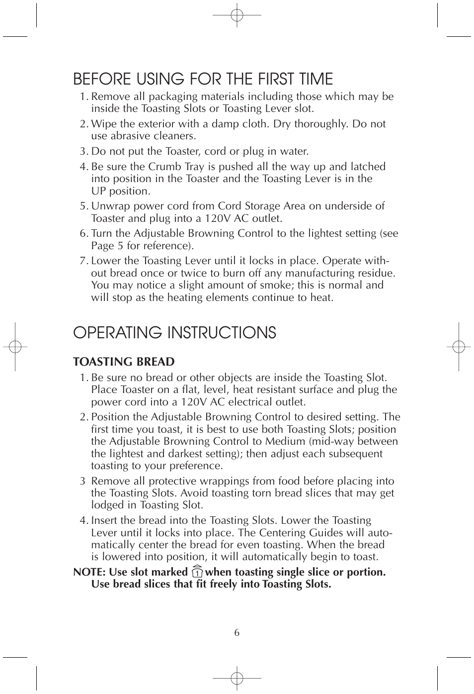 Before using for the first time, Operating instructions | Toastmaster T210 User Manual | Page 6 / 10