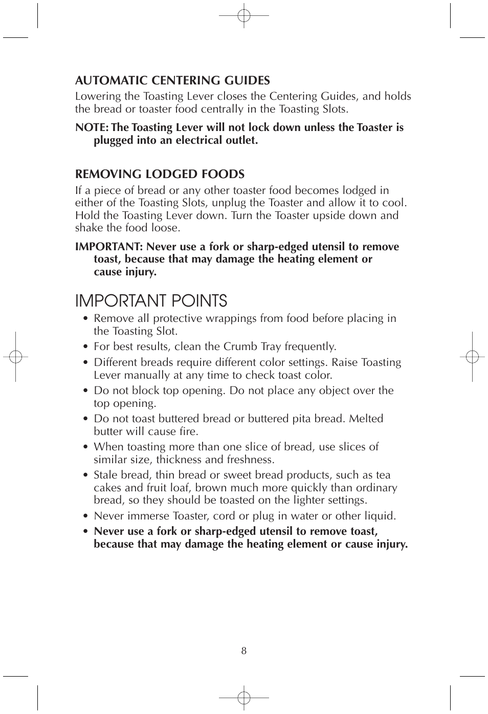 Important points | Toastmaster T210 User Manual | Page 8 / 10