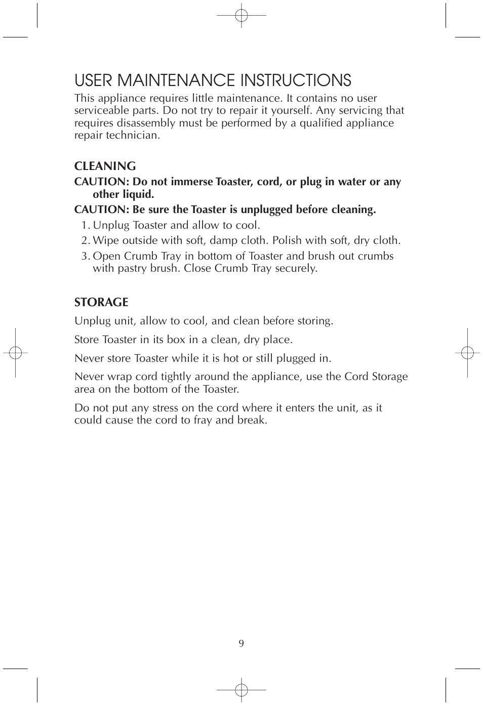 User maintenance instructions | Toastmaster T210 User Manual | Page 9 / 10