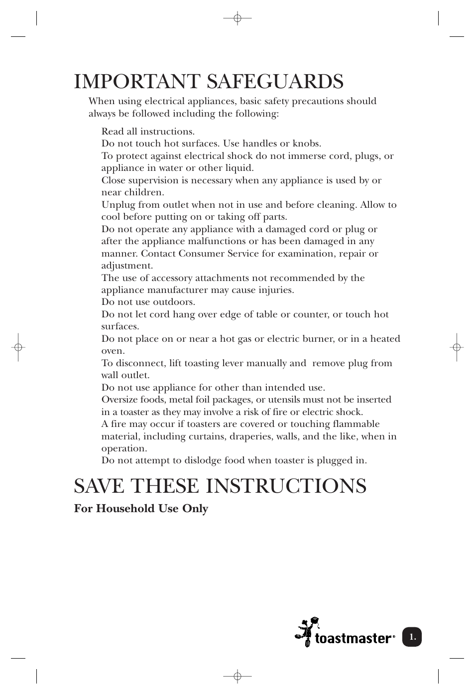 Important safeguards, Save these instructions | Toastmaster B604A User Manual | Page 2 / 10