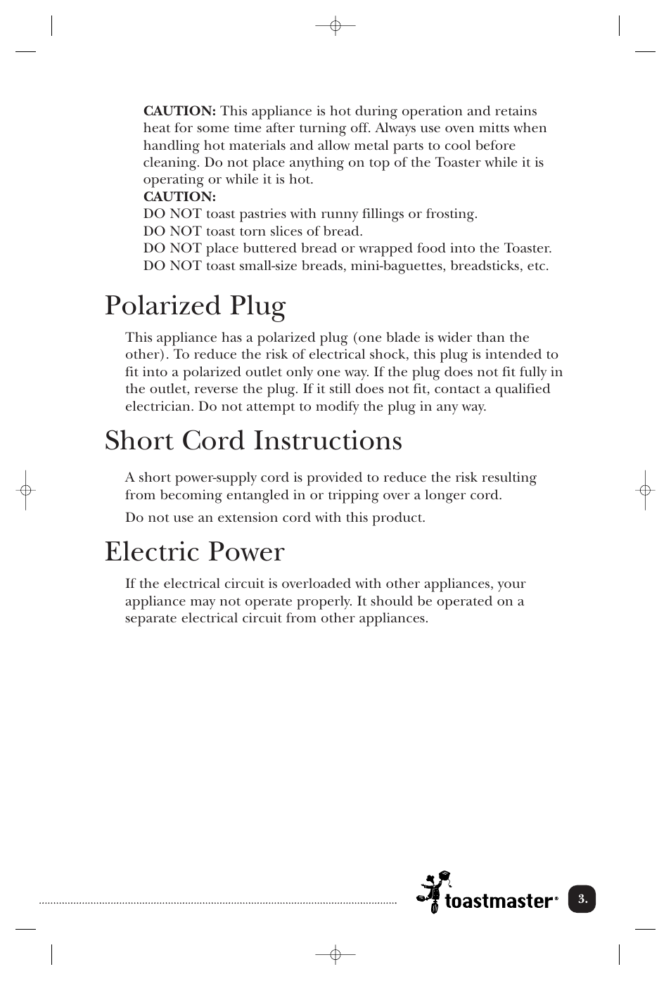 Polarized plug, Short cord instructions, Electric power | Toastmaster B604A User Manual | Page 4 / 10