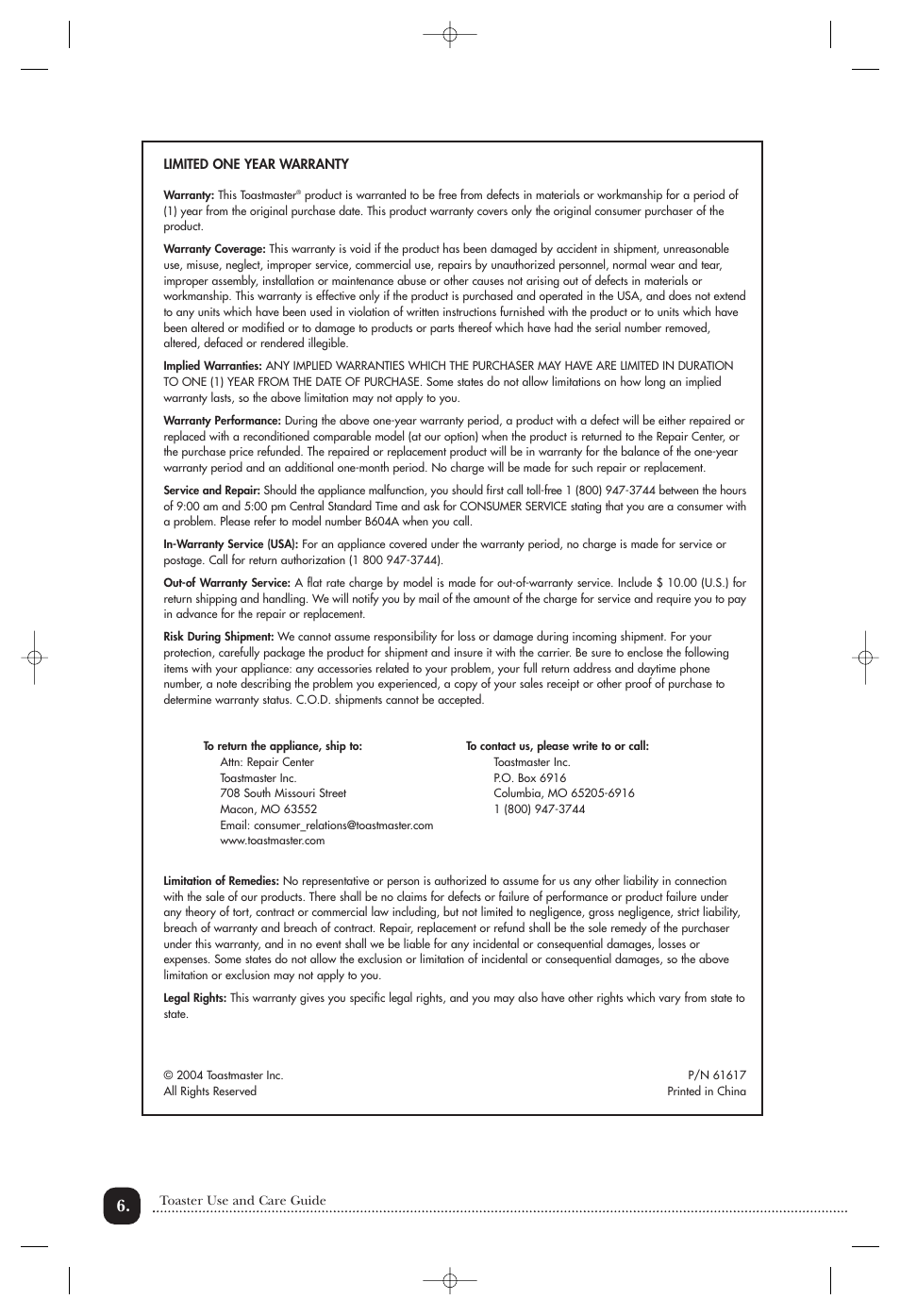 Toastmaster B604A User Manual | Page 7 / 10