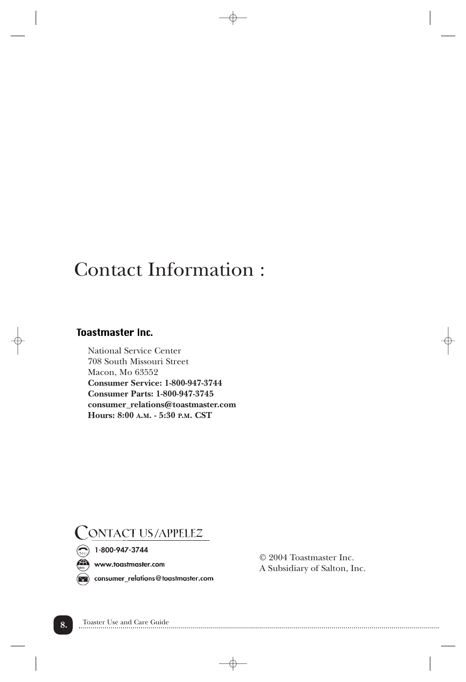 Contact information | Toastmaster B604A User Manual | Page 9 / 10