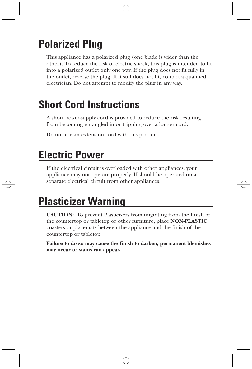 Polarized plug, Short cord instructions, Electric power | Plasticizer warning | Toastmaster TMMC2CAN User Manual | Page 4 / 9