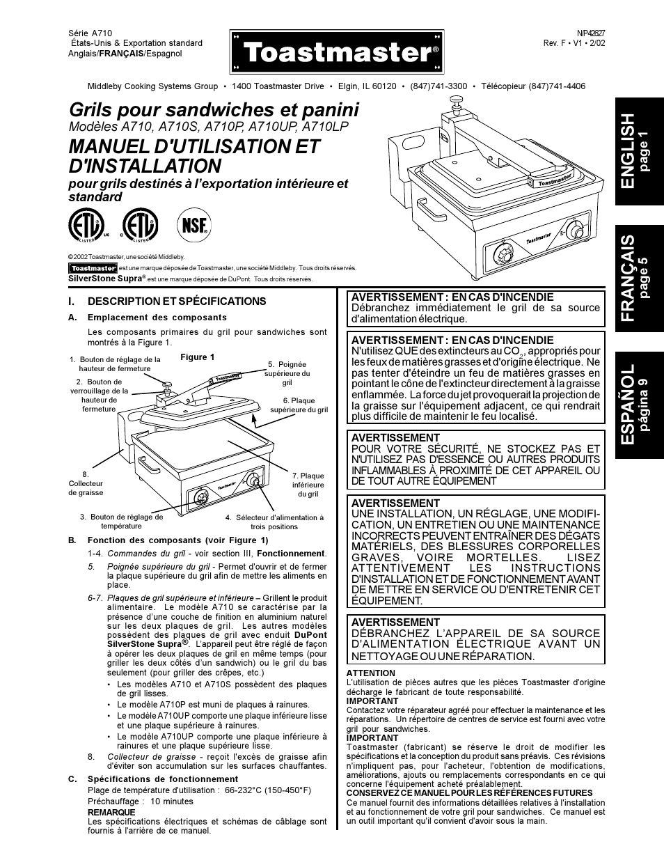 Grils pour sandwiches et panini, Manuel d'utilisation et d'installation, English | Français, Es pañol, Page 1, Page 5, Página 9 | Toastmaster A710UP User Manual | Page 5 / 12
