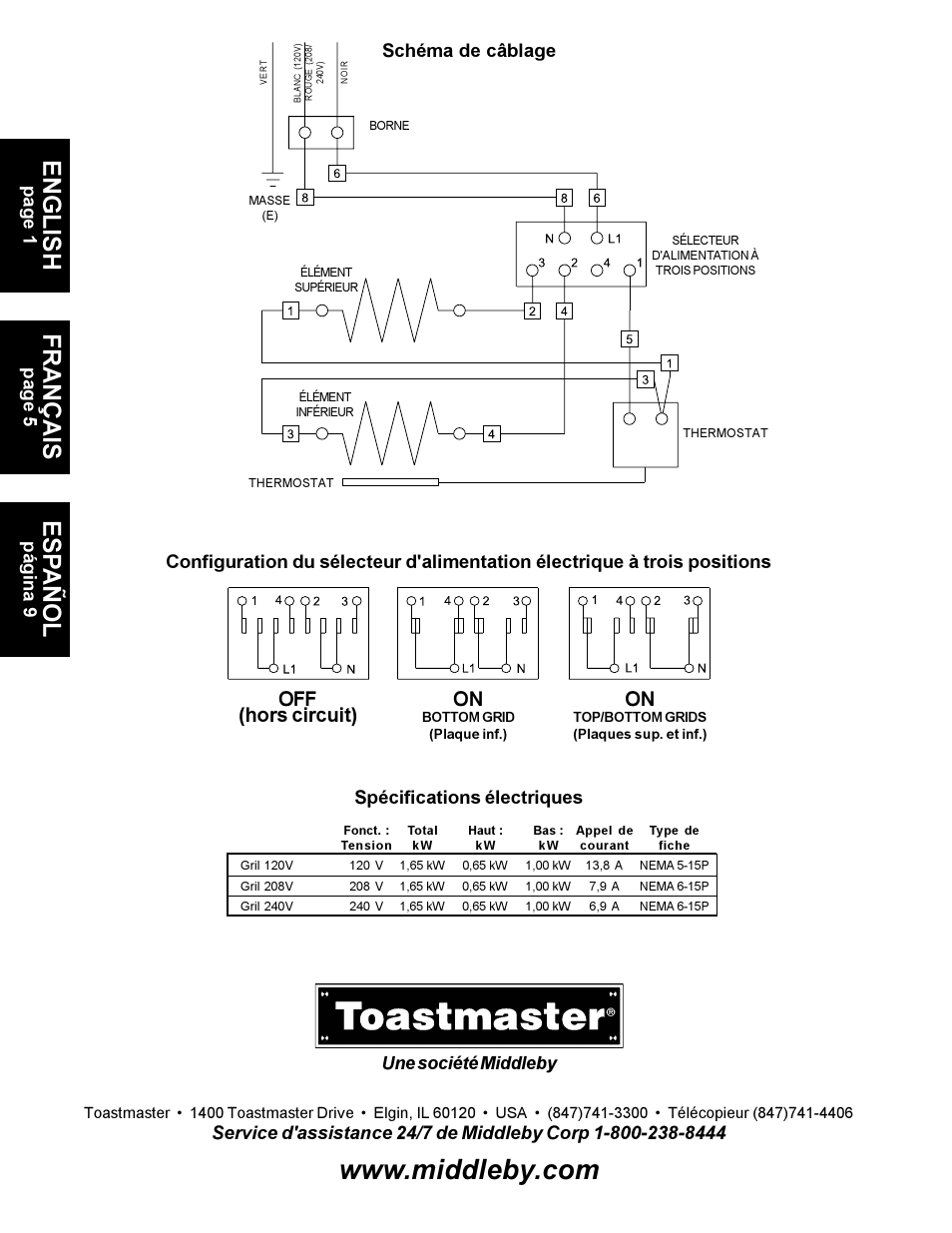 English, Français, Es pañol | Off (hors circuit), Page 1, Page 5, Página 9 | Toastmaster A710UP User Manual | Page 8 / 12