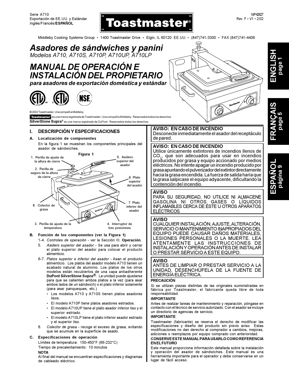 Asadores de sándwiches y panini, Manual de operación e instalación del propietario, English | Français, Es pañol, Page 1, Page 5, Página 9, Para asadores de exportación doméstica y estándar | Toastmaster A710UP User Manual | Page 9 / 12