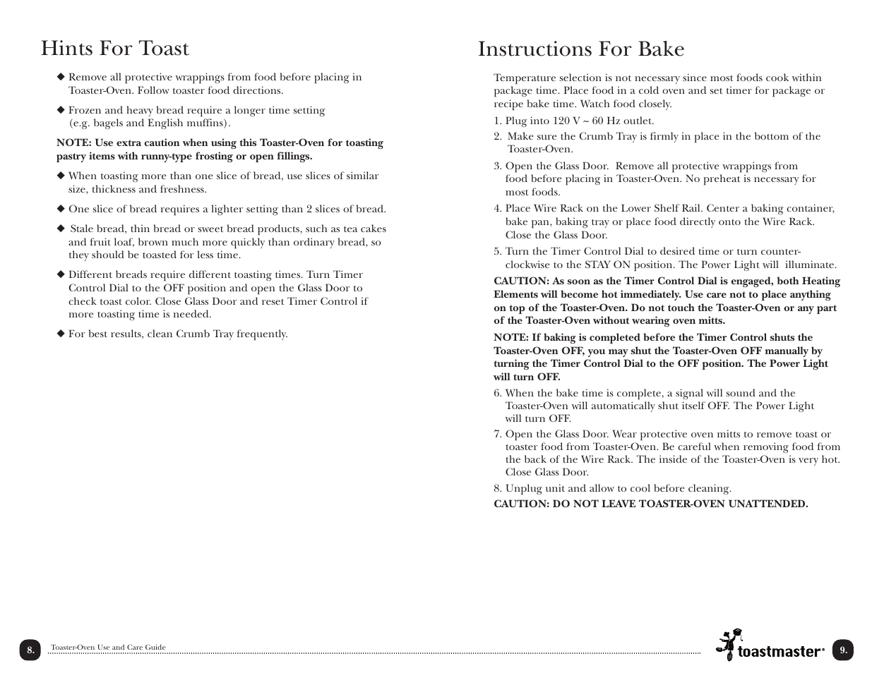 Instructions for bake, Hints for toast | Toastmaster TOV2WMX User Manual | Page 10 / 16