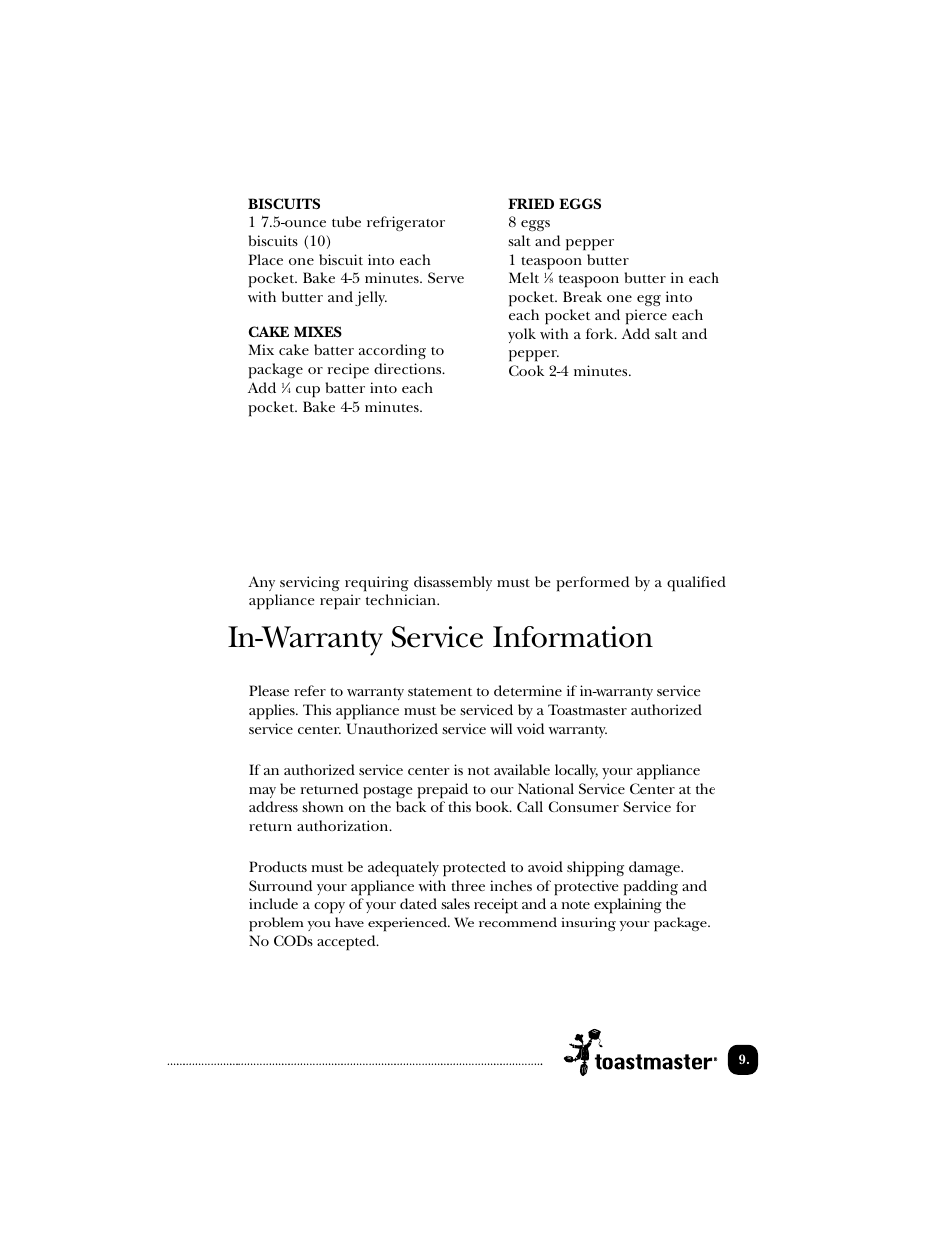 In-warranty service information | Toastmaster TSM2 User Manual | Page 10 / 42