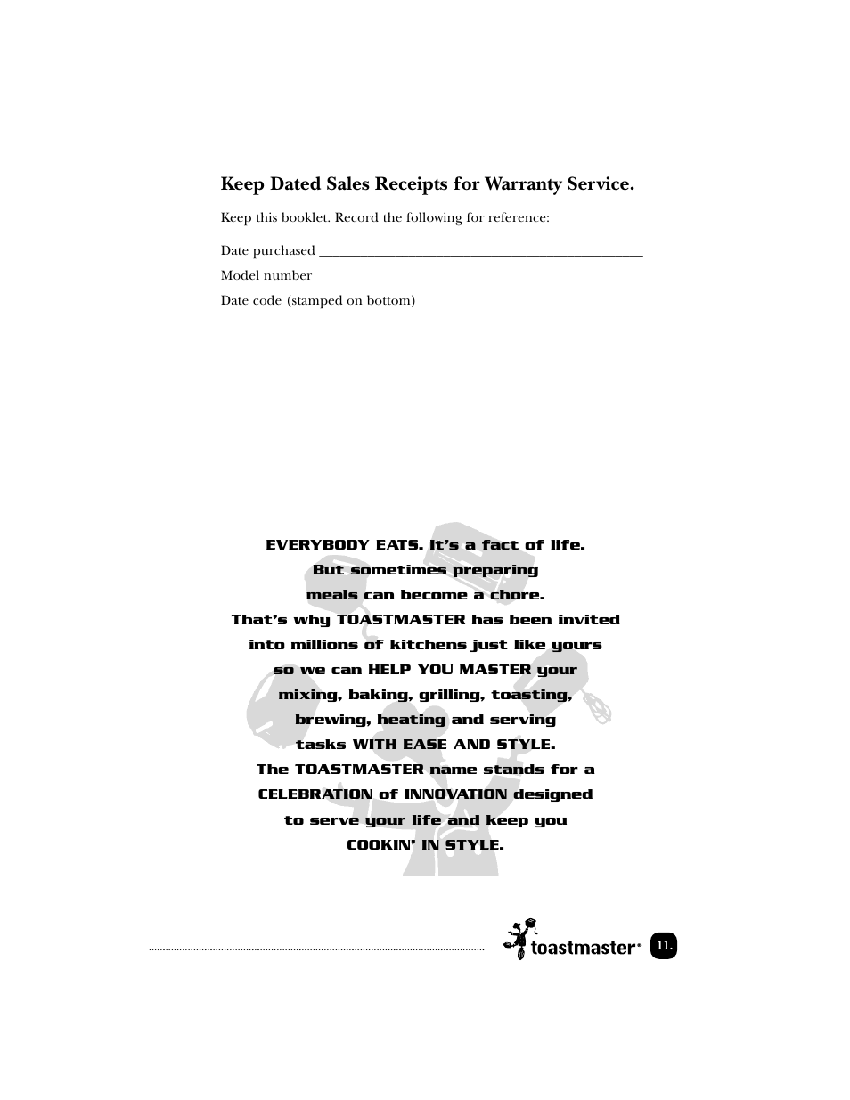Keep dated sales receipts for warranty service | Toastmaster TSM2 User Manual | Page 12 / 42