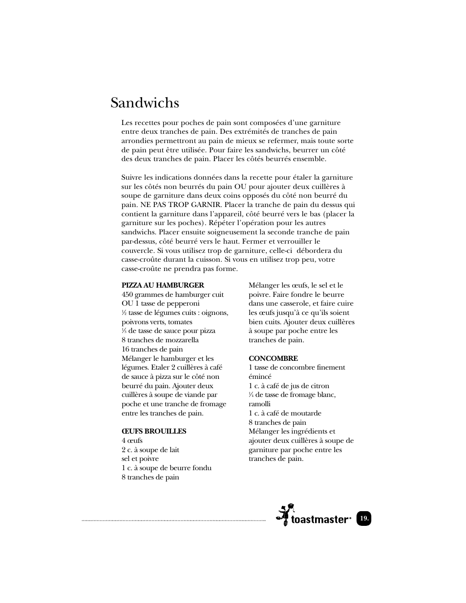 Sandwichs | Toastmaster TSM2 User Manual | Page 20 / 42