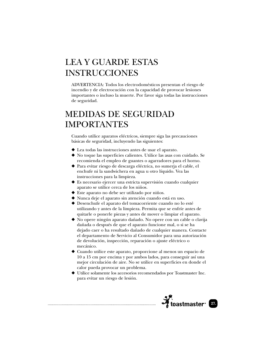 Lea y guarde estas instrucciones, Medidas de seguridad importantes | Toastmaster TSM2 User Manual | Page 28 / 42