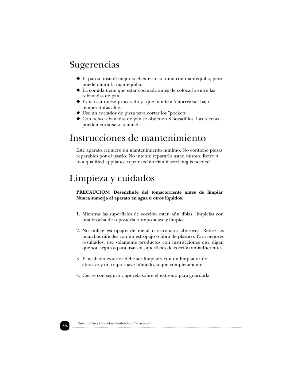 Sugerencias, Instrucciones de mantenimiento, Limpieza y cuidados | Toastmaster TSM2 User Manual | Page 31 / 42