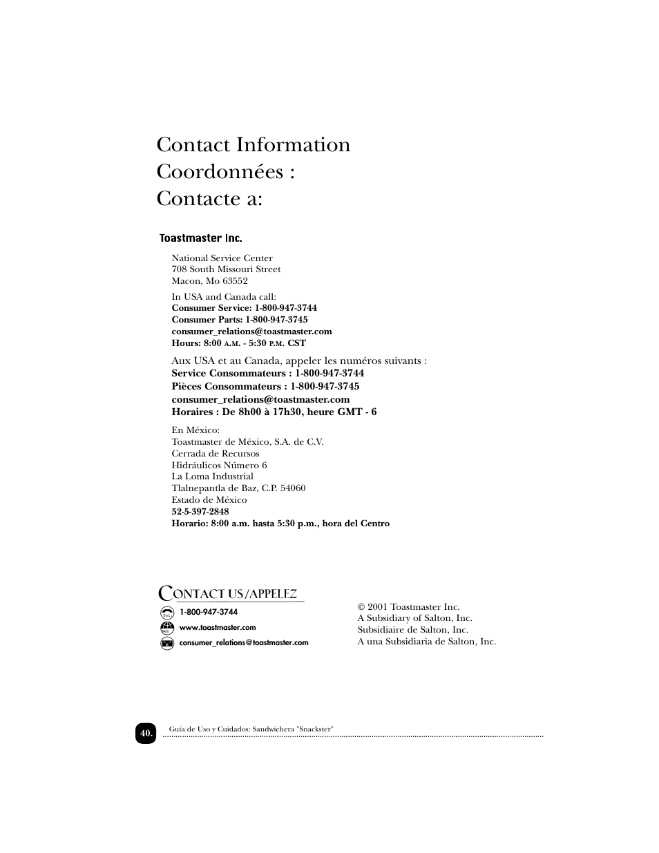 Contact information coordonnées : contacte a | Toastmaster TSM2 User Manual | Page 41 / 42
