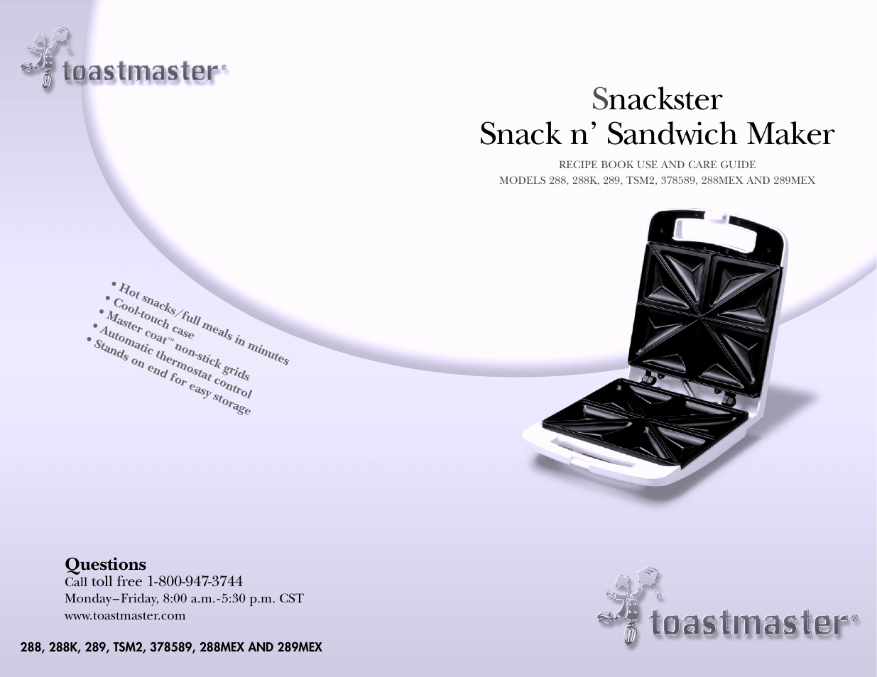 Snackster snack n’ sandwich maker | Toastmaster TSM2 User Manual | Page 42 / 42