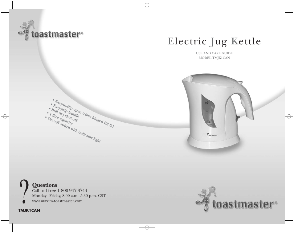 Electric j ug k ettle | Toastmaster TMJK1CAN User Manual | Page 12 / 12