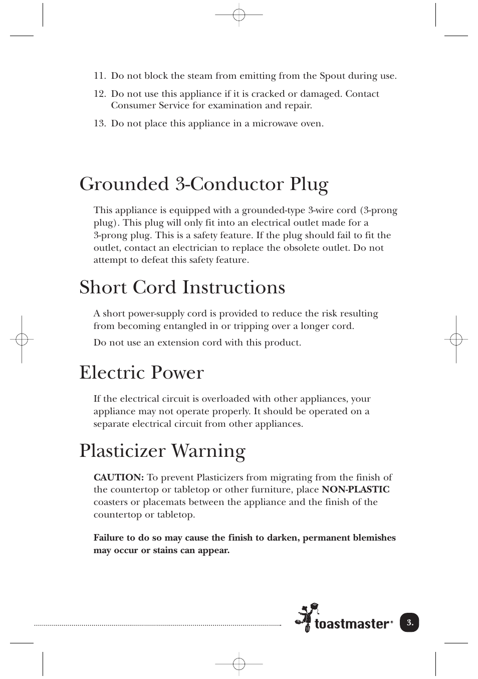 Grounded 3-conductor plug, Short cord instructions, Electric power | Plasticizer warning | Toastmaster TMJK1CAN User Manual | Page 4 / 12