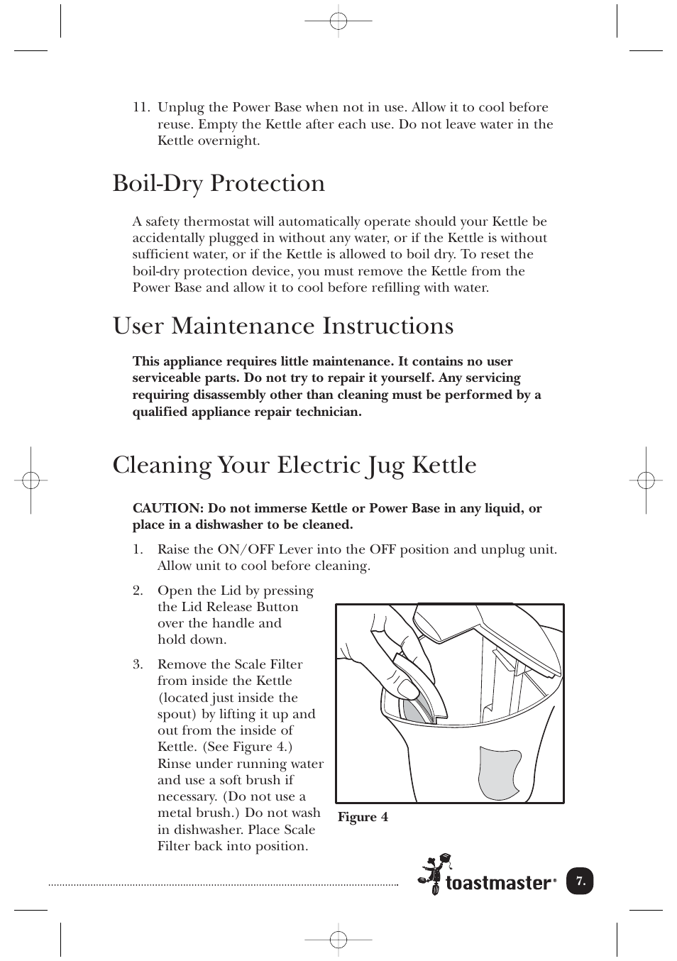 Boil-dry protection, User maintenance instructions, Cleaning your electric jug kettle | Toastmaster TMJK1CAN User Manual | Page 8 / 12