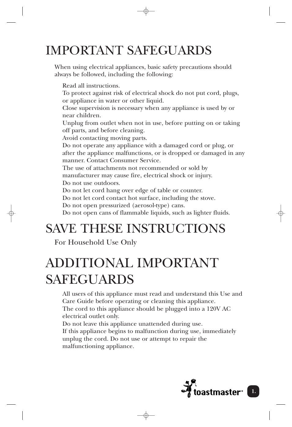 Additional important safeguards, Important safeguards, Save these instructions | Toastmaster 2244CAN User Manual | Page 2 / 9