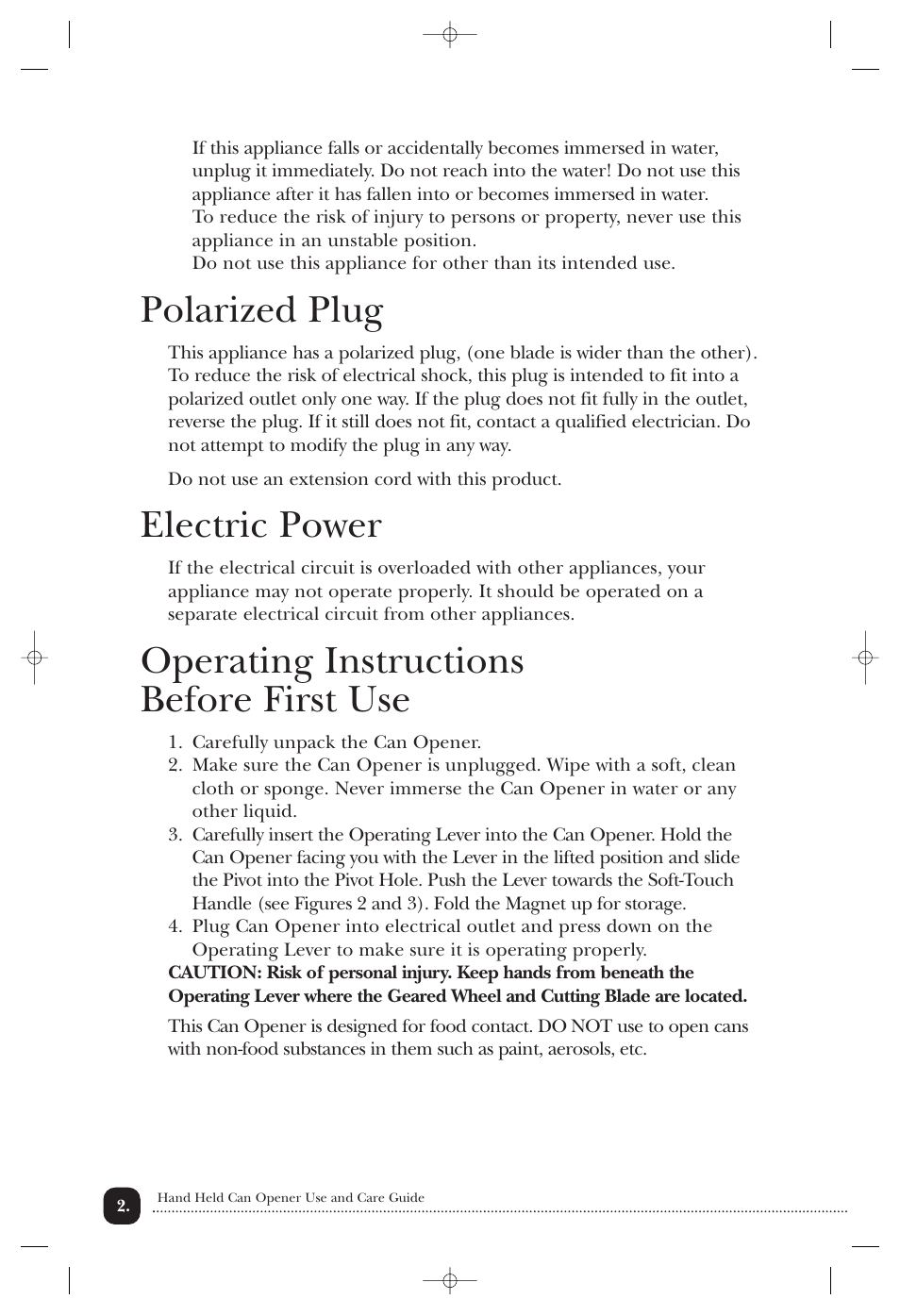 Polarized plug, Electric power, Operating instructions before first use | Toastmaster 2244CAN User Manual | Page 3 / 9