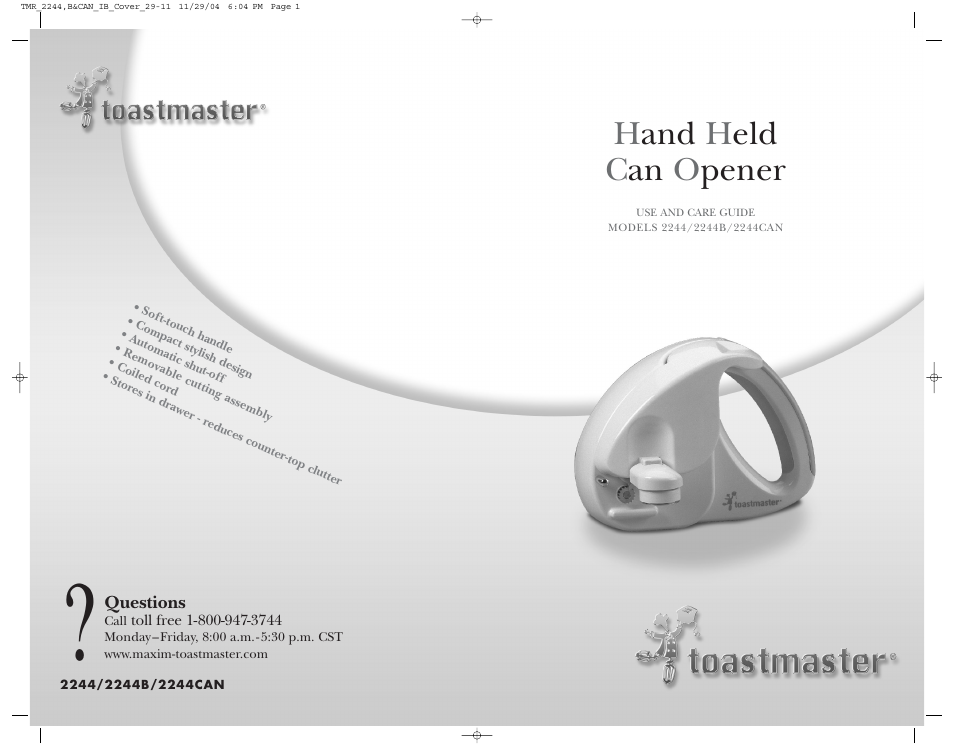 Hand h eld c an o pener | Toastmaster 2244CAN User Manual | Page 9 / 9