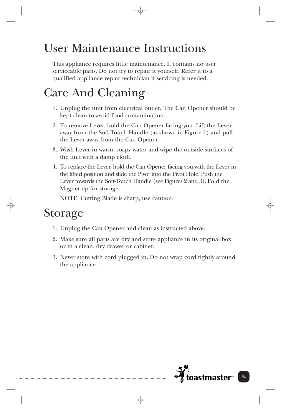 User maintenance instructions, Care and cleaning, Storage | Toastmaster 2244  EN User Manual | Page 6 / 9
