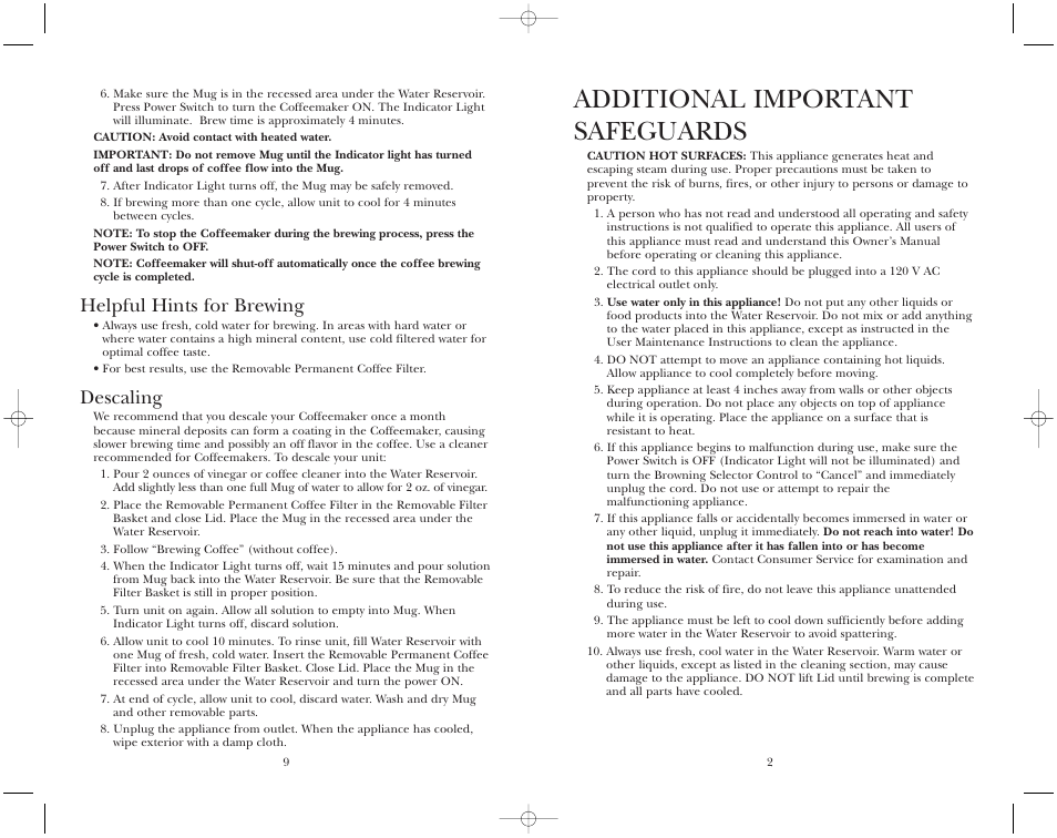 Additional important safeguards, Helpful hints for brewing, Descaling | Toastmaster TMT2CMW User Manual | Page 10 / 12