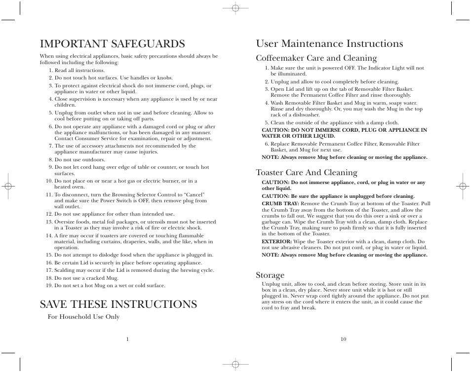 Important safeguards, Save these instructions, User maintenance instructions | Coffeemaker care and cleaning, Toaster care and cleaning, Storage | Toastmaster TMT2CMW User Manual | Page 11 / 12