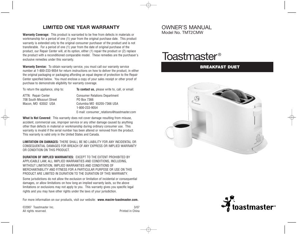 Toastmaster, Owner’s manual, Limited one year warranty | Toastmaster TMT2CMW User Manual | Page 12 / 12