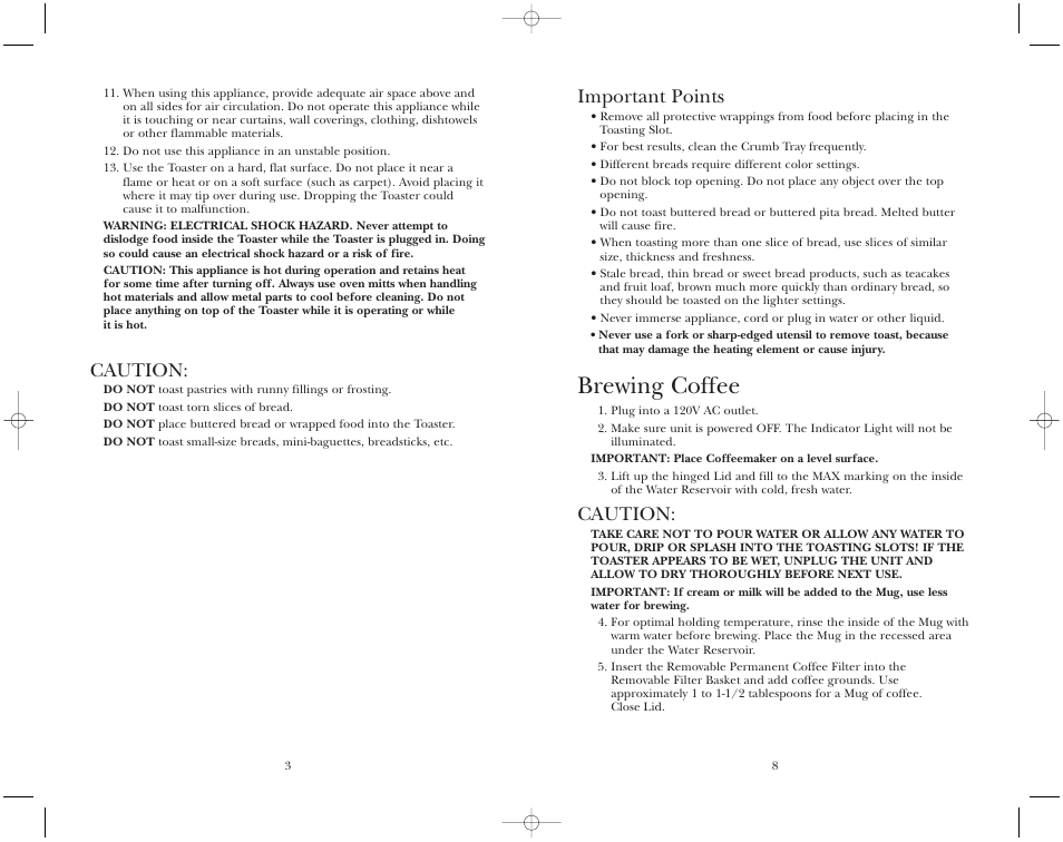 Brewing coffee, Important points, Caution | Toastmaster TMT2CMW User Manual | Page 4 / 12