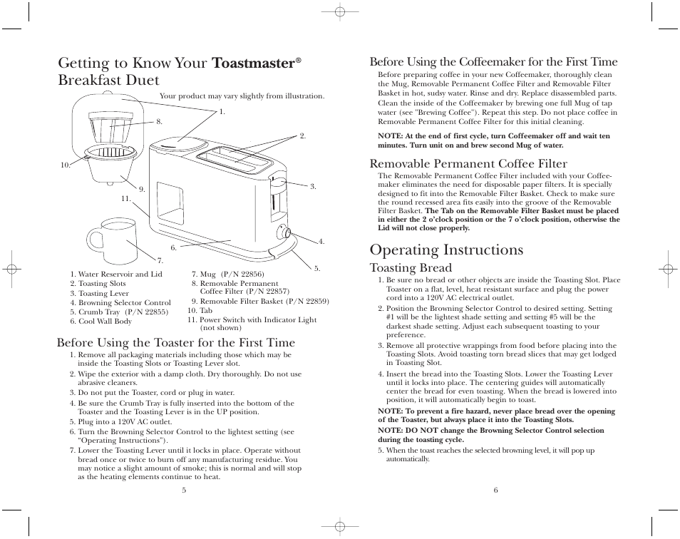Operating instructions, Getting to know your toastmaster, Breakfast duet | Before using the coffeemaker for the first time, Removable permanent coffee filter, Toasting bread, Before using the toaster for the first time | Toastmaster TMT2CMW User Manual | Page 6 / 12