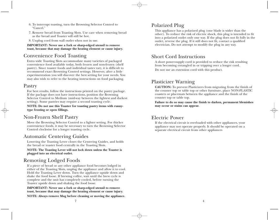 Convenience food toasting, Pastry, Non-frozen shelf pastry | Automatic centering guides, Removing lodged foods, Polarized plug, Short cord instructions, Plasticizer warning, Electric power | Toastmaster TMT2CMW User Manual | Page 8 / 12