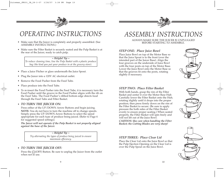 Assembly instructions, Operating instructions | Toastmaster JM503 User Manual | Page 10 / 20